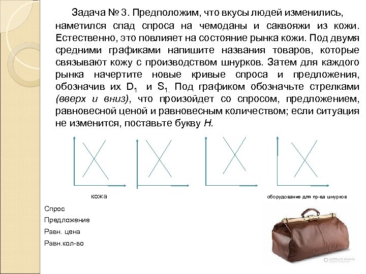  Задача № 3. Предположим, что вкусы людей изменились, наметился спад спроса на чемоданы