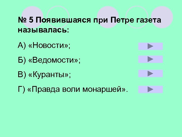 № 5 Появившаяся при Петре газета называлась: А) «Новости» ; Б) «Ведомости» ; В)
