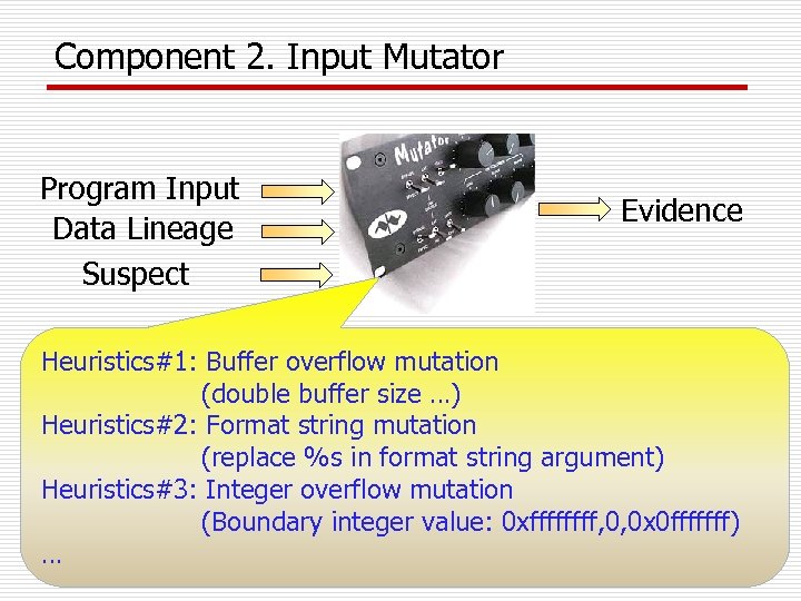 Component 2. Input Mutator Program Input Data Lineage Suspect Evidence Heuristics#1: Buffer overflow mutation