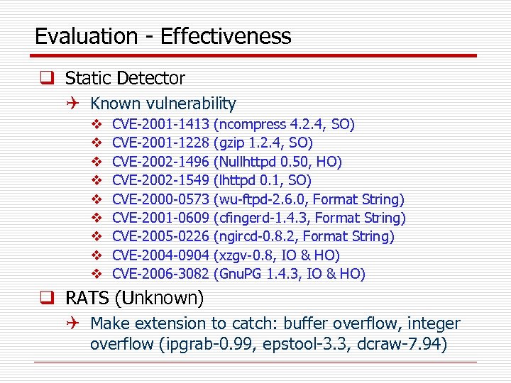 Evaluation - Effectiveness q Static Detector Q Known vulnerability v v v v v