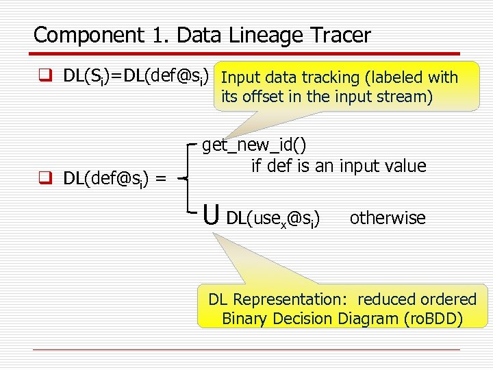 Component 1. Data Lineage Tracer q DL(Si)=DL(def@si) Input data tracking (labeled with its offset