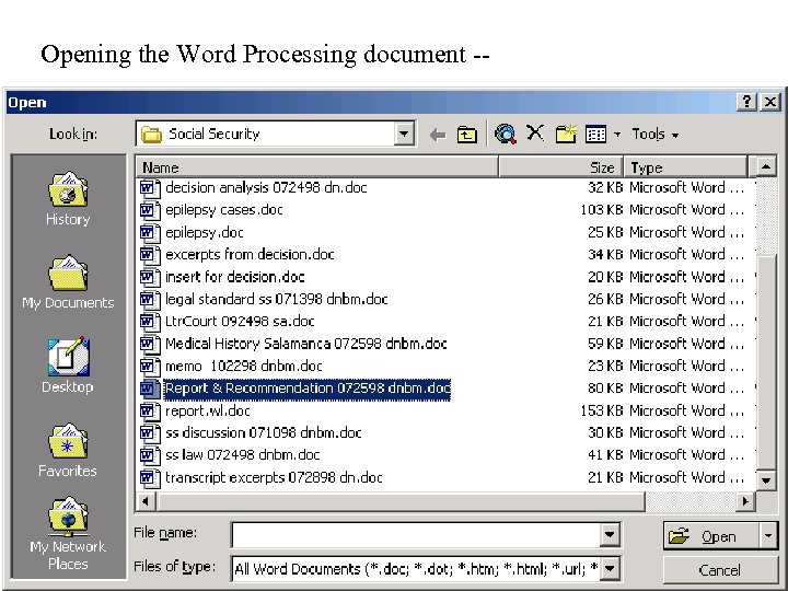 Opening the Word Processing document -- 