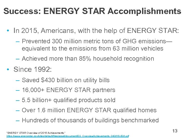Success: ENERGY STAR Accomplishments • In 2015, Americans, with the help of ENERGY STAR: