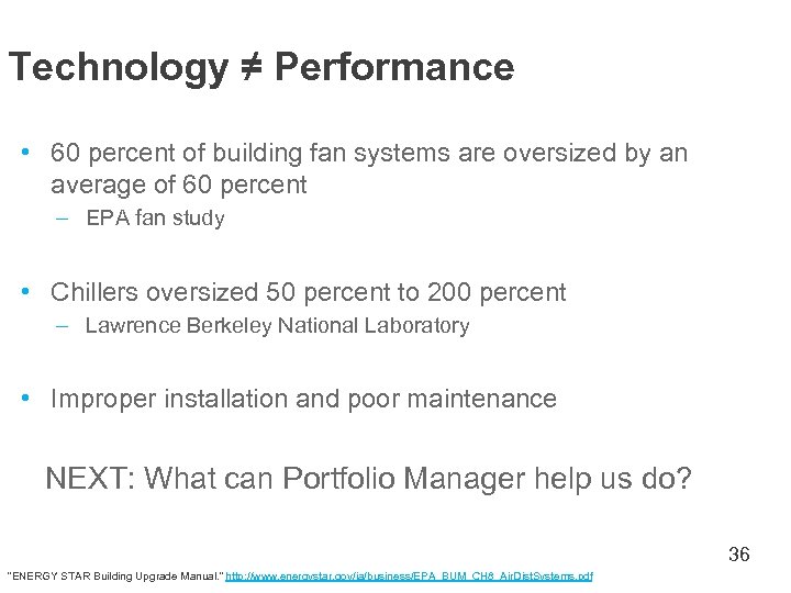 Technology ≠ Performance • 60 percent of building fan systems are oversized by an