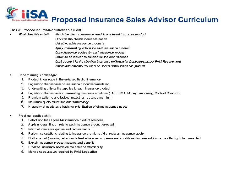 Proposed Insurance Sales Advisor Curriculum Task 3: Propose insurance solutions to a client •