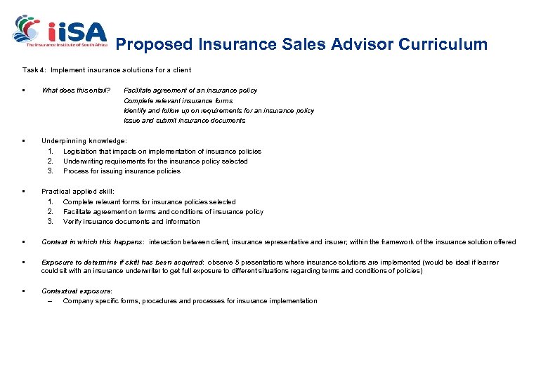 Proposed Insurance Sales Advisor Curriculum Task 4: Implement insurance solutions for a client •