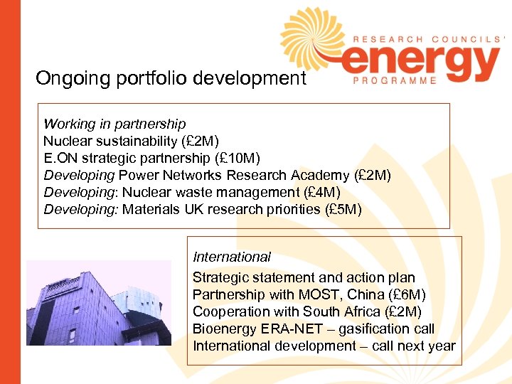 Ongoing portfolio development Working in partnership Nuclear sustainability (£ 2 M) E. ON strategic