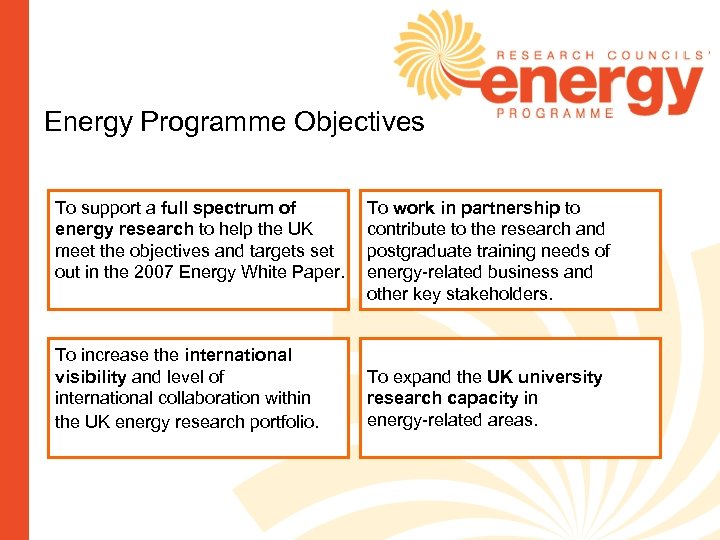 Energy Programme Objectives To support a full spectrum of energy research to help the