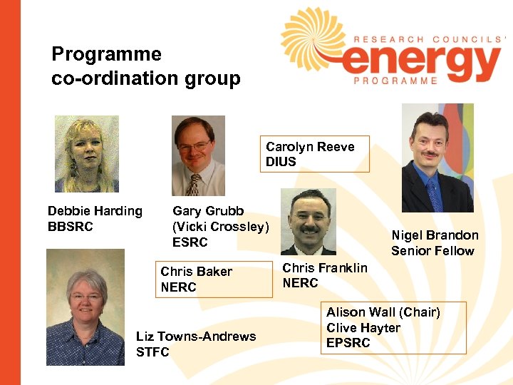 Programme co-ordination group Carolyn Reeve DIUS Debbie Harding BBSRC Gary Grubb (Vicki Crossley) ESRC