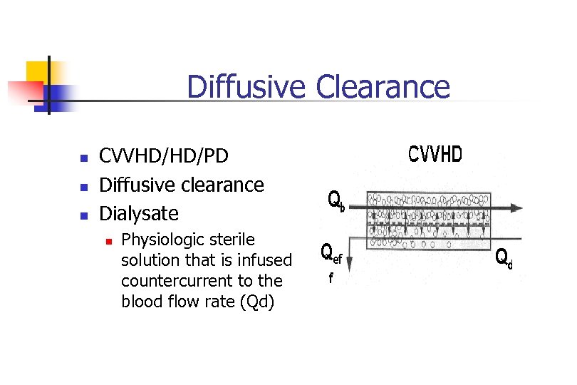 Diffusive Clearance n n n CVVHD/HD/PD Diffusive clearance Dialysate n Physiologic sterile solution that