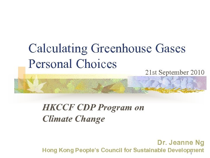 Calculating Greenhouse Gases Personal Choices 21 st September 2010 HKCCF CDP Program on Climate