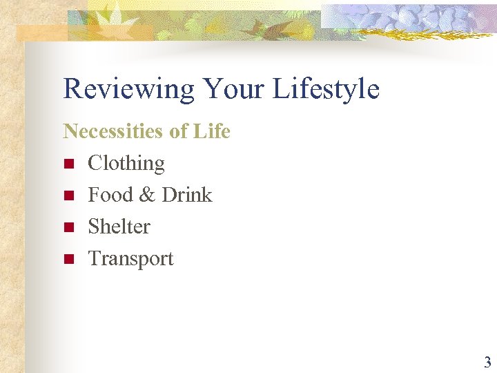 Reviewing Your Lifestyle Necessities of Life n Clothing n Food & Drink n Shelter