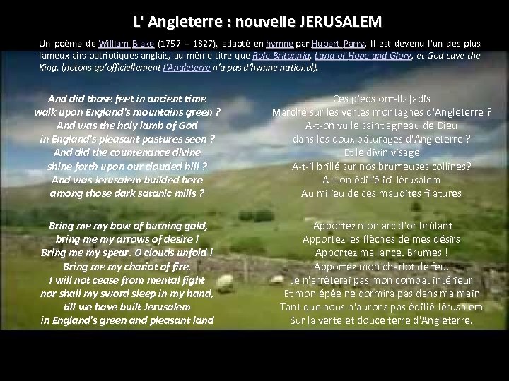 L' Angleterre : nouvelle JERUSALEM Un poème de William Blake (1757 – 1827), adapté