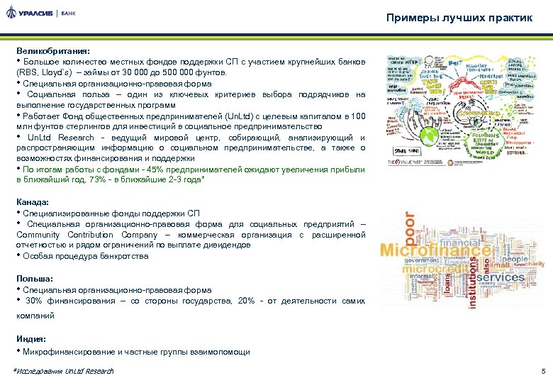 Примеры лучших практик Великобритания: • Большое количество местных фондов поддержки СП с участием крупнейших