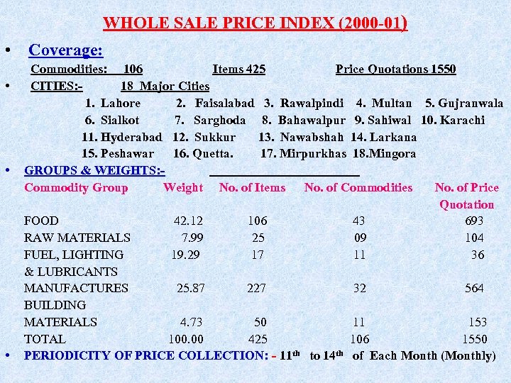 WHOLE SALE PRICE INDEX (2000 -01) • Coverage: • • • Commodities: 106 Items