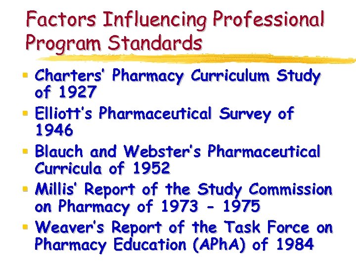 Factors Influencing Professional Program Standards § Charters’ Pharmacy Curriculum Study of 1927 § Elliott’s