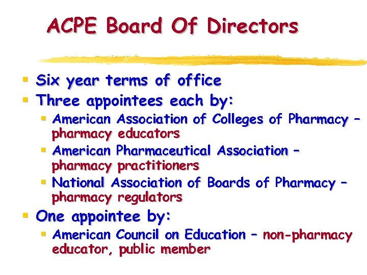 ACPE Board Of Directors § § Six year terms of office Three appointees each