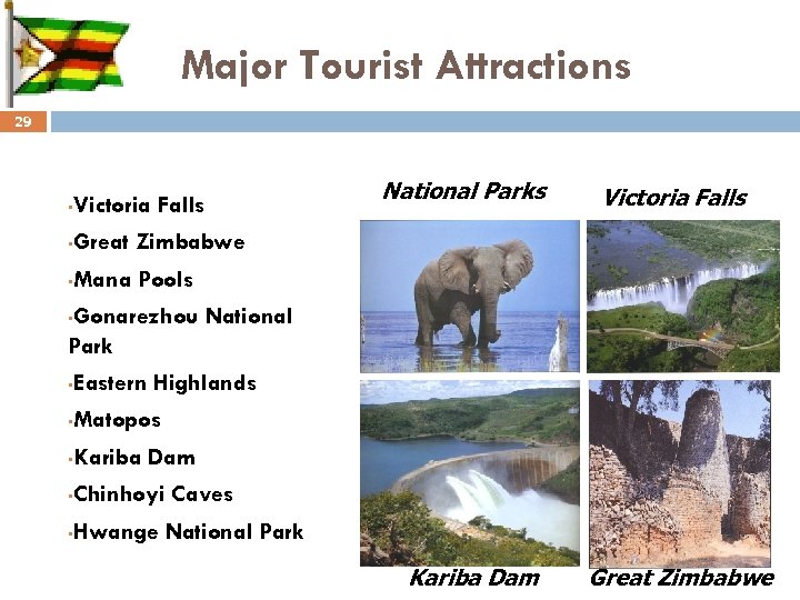 Major Tourist Attractions 29 • Victoria Falls Great Zimbabwe • National Parks Mana Pools