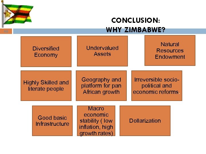 CONCLUSION: WHY ZIMBABWE? 48 Diversified Economy Undervalued Assets Highly Skilled and literate people Geography