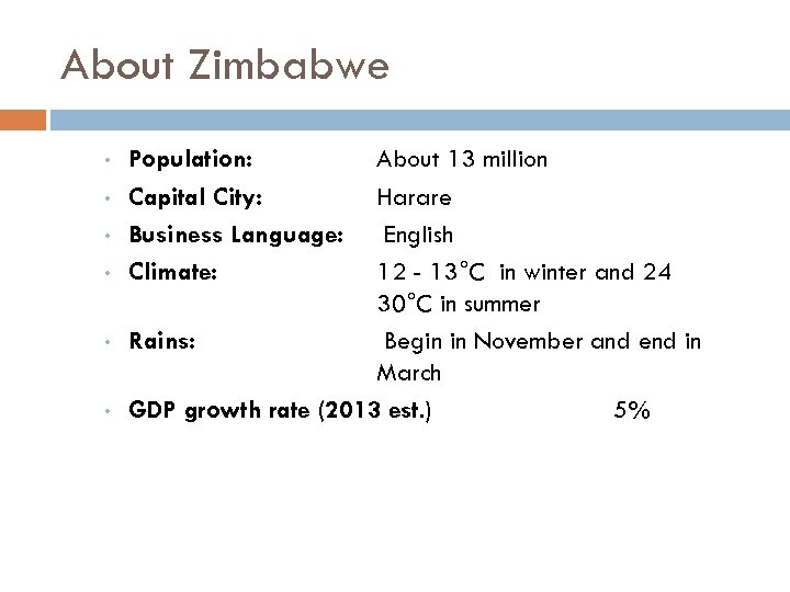 About Zimbabwe • • • Population: Capital City: Business Language: Climate: About 13 million