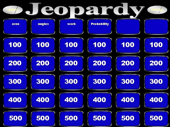 Applause Final Star area angles work Probability 100 100 100 200 200 200 300