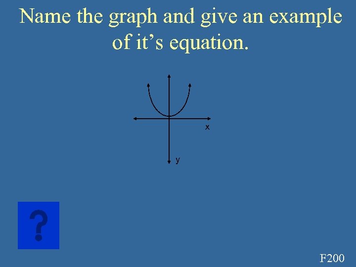 Name the graph and give an example of it’s equation. x y F 200