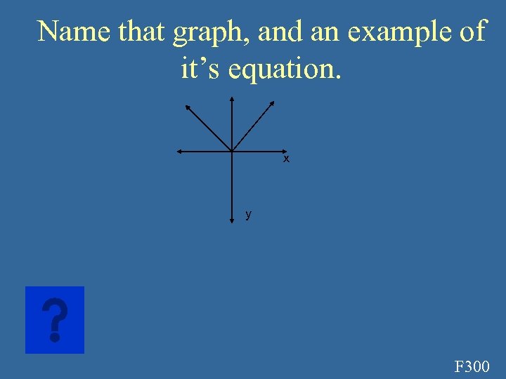 Name that graph, and an example of it’s equation. x y F 300 
