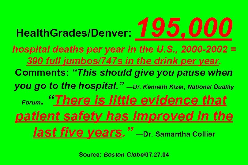 Health. Grades/Denver: 195, 000 hospital deaths per year in the U. S. , 2000