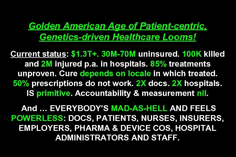 Golden American Age of Patient-centric, Genetics-driven Healthcare Looms! Current status: $1. 3 T+. 30