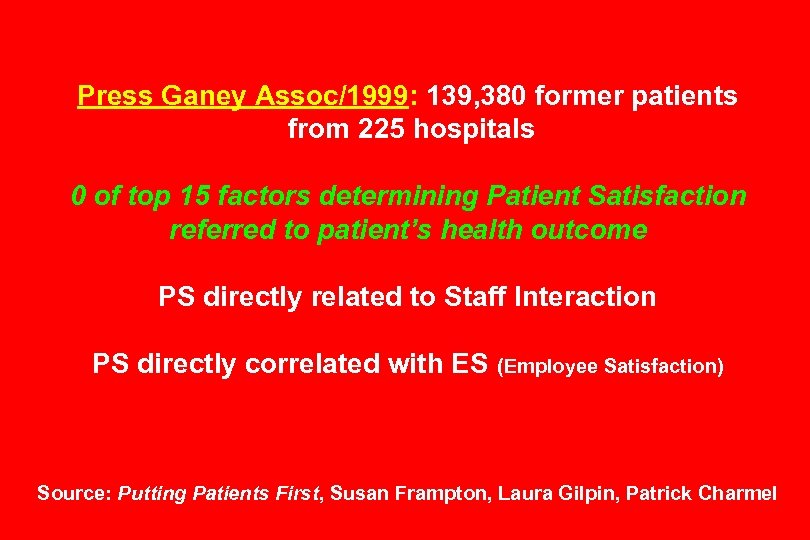 Press Ganey Assoc/1999: 139, 380 former patients from 225 hospitals 0 of top 15