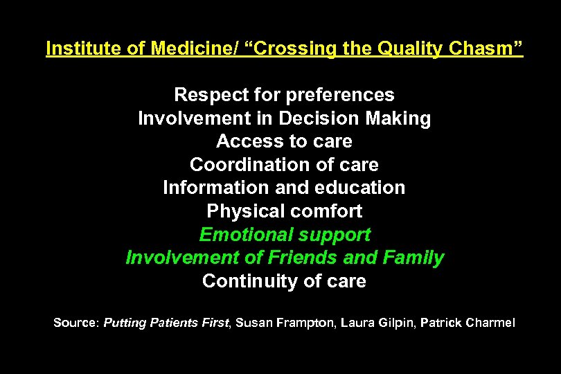 Institute of Medicine/ “Crossing the Quality Chasm” Respect for preferences Involvement in Decision Making