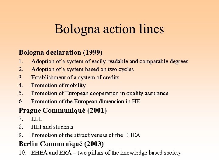 Bologna action lines Bologna declaration (1999) 1. 2. 3. 4. 5. 6. Adoption of