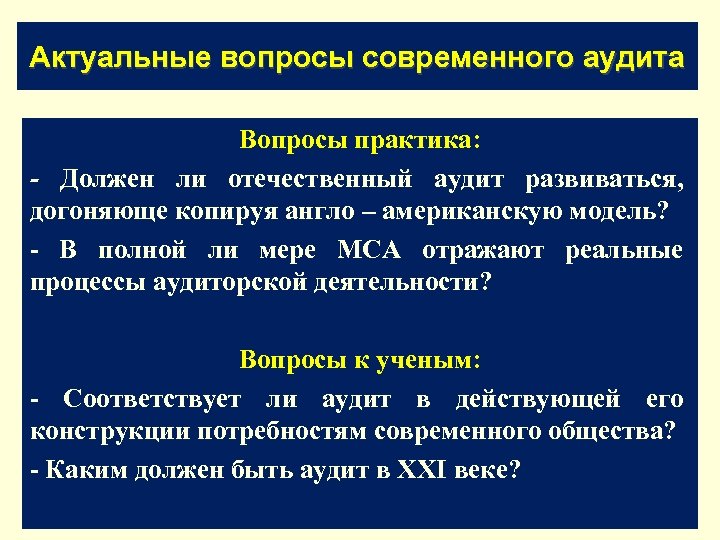 Актуальные вопросы современного аудита Вопросы практика: - Должен ли отечественный аудит развиваться, догоняюще копируя