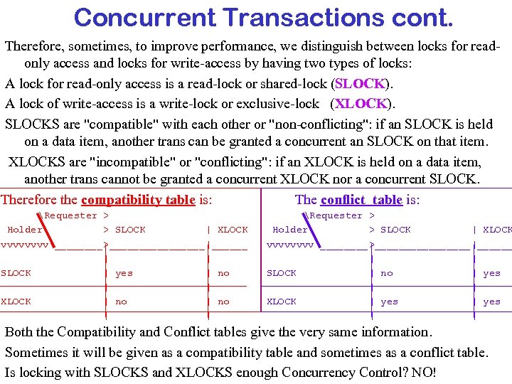 Concurrent Transactions cont. Therefore, sometimes, to improve performance, we distinguish between locks for readonly