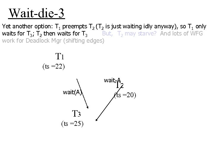 Wait-die-3 Yet another option: T 1 preempts T 2 (T 2 is just waiting