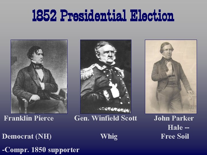 1852 Presidential Election Franklin Pierce Gen. Winfield Scott Democrat (NH) -Compr. 1850 supporter Whig