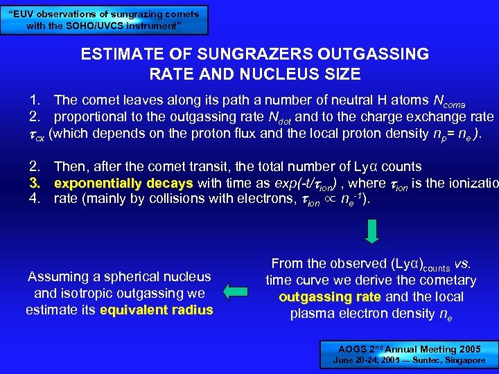 “EUV observations of sungrazing comets with the SOHO/UVCS instrument” ESTIMATE OF SUNGRAZERS OUTGASSING RATE