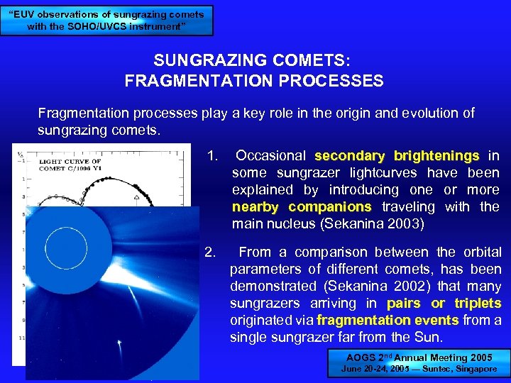 “EUV observations of sungrazing comets with the SOHO/UVCS instrument” SUNGRAZING COMETS: FRAGMENTATION PROCESSES Fragmentation