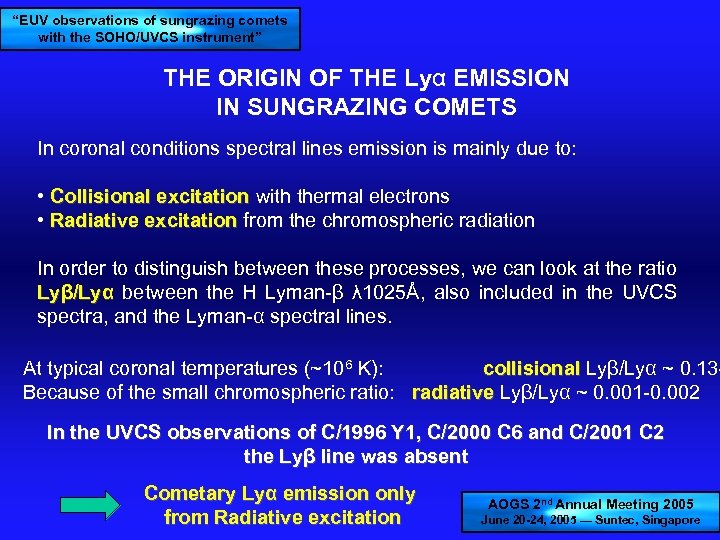 “EUV observations of sungrazing comets with the SOHO/UVCS instrument” THE ORIGIN OF THE Lyα