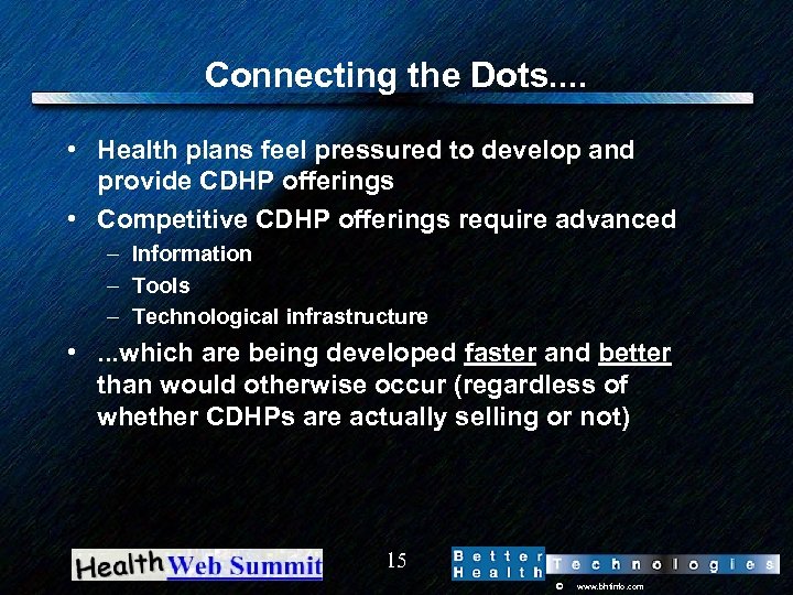 Connecting the Dots. . • Health plans feel pressured to develop and provide CDHP