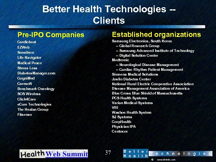 Better Health Technologies -- Clients Pre-IPO Companies Established organizations Cardiobeat EZWeb Sensitron Life Navigator