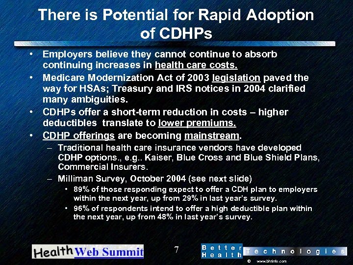 There is Potential for Rapid Adoption of CDHPs • Employers believe they cannot continue