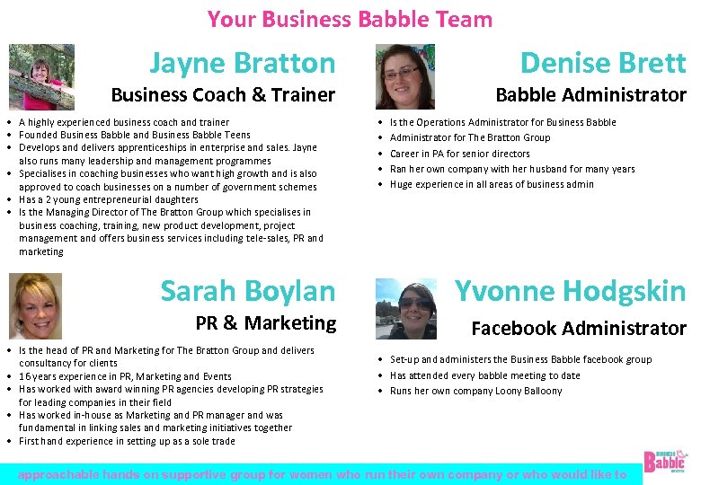 Your Business Babble Team Jayne Bratton Denise Brett Business Coach & Trainer • A