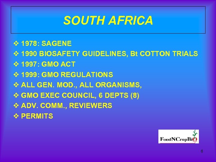 SOUTH AFRICA v 1978: SAGENE v 1990 BIOSAFETY GUIDELINES, Bt COTTON TRIALS v 1997: