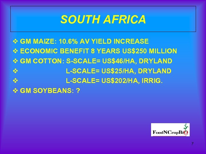 SOUTH AFRICA v GM MAIZE: 10. 6% AV YIELD INCREASE v ECONOMIC BENEFIT 8
