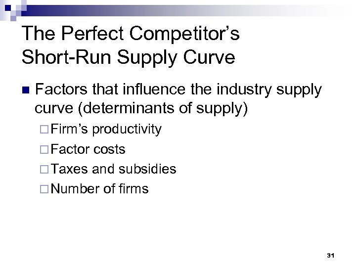 The Perfect Competitor’s Short-Run Supply Curve n Factors that influence the industry supply curve