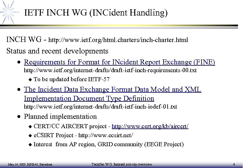 IETF INCH WG (INCident Handling) INCH WG - http: //www. ietf. org/html. charters/inch-charter. html