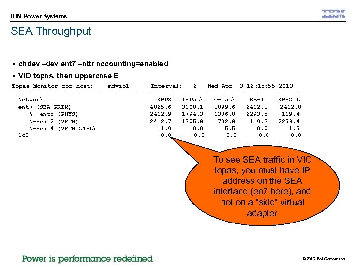 IBM Power Systems SEA Throughput § chdev –dev ent 7 –attr accounting=enabled § VIO