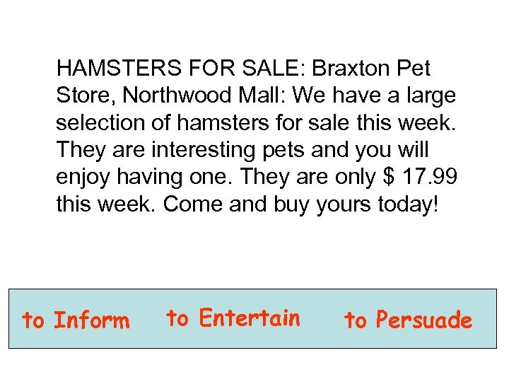 HAMSTERS FOR SALE: Braxton Pet Store, Northwood Mall: We have a large selection of