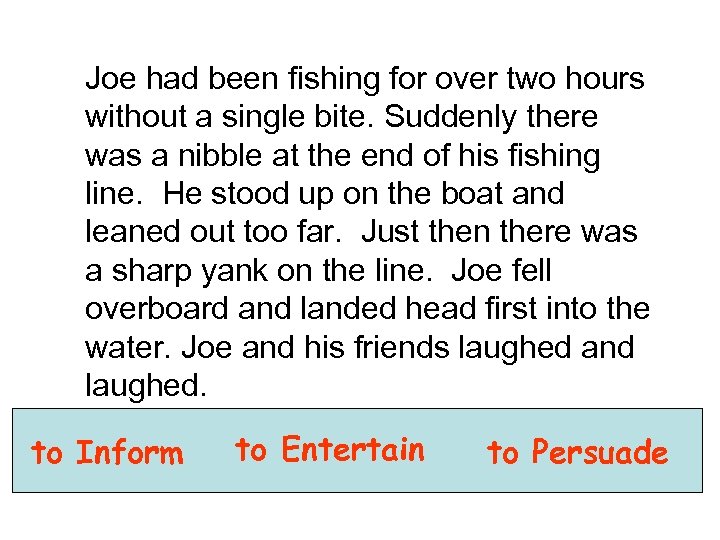  Joe had been fishing for over two hours without a single bite. Suddenly